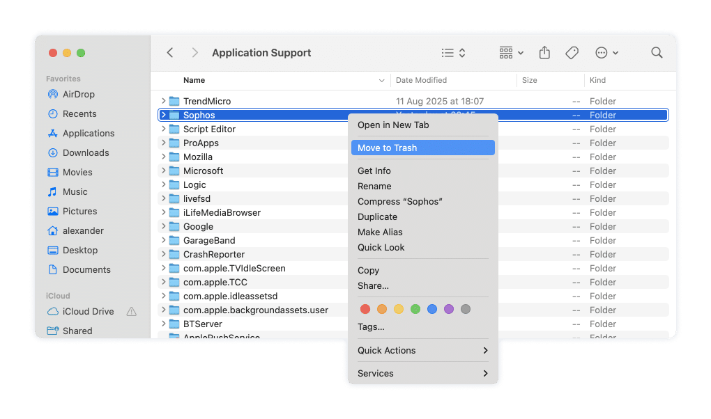 alt - the Sophos folder in Application Support