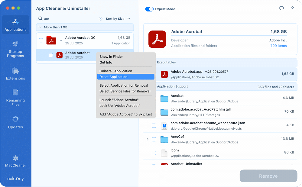 The Reset Application option for Adobe Acrobat