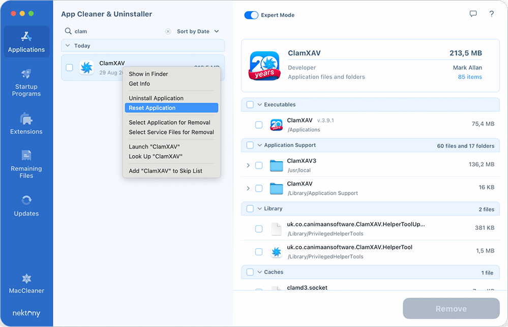The right-click menu for ClamXAV in App Cleaner & Uninstaller