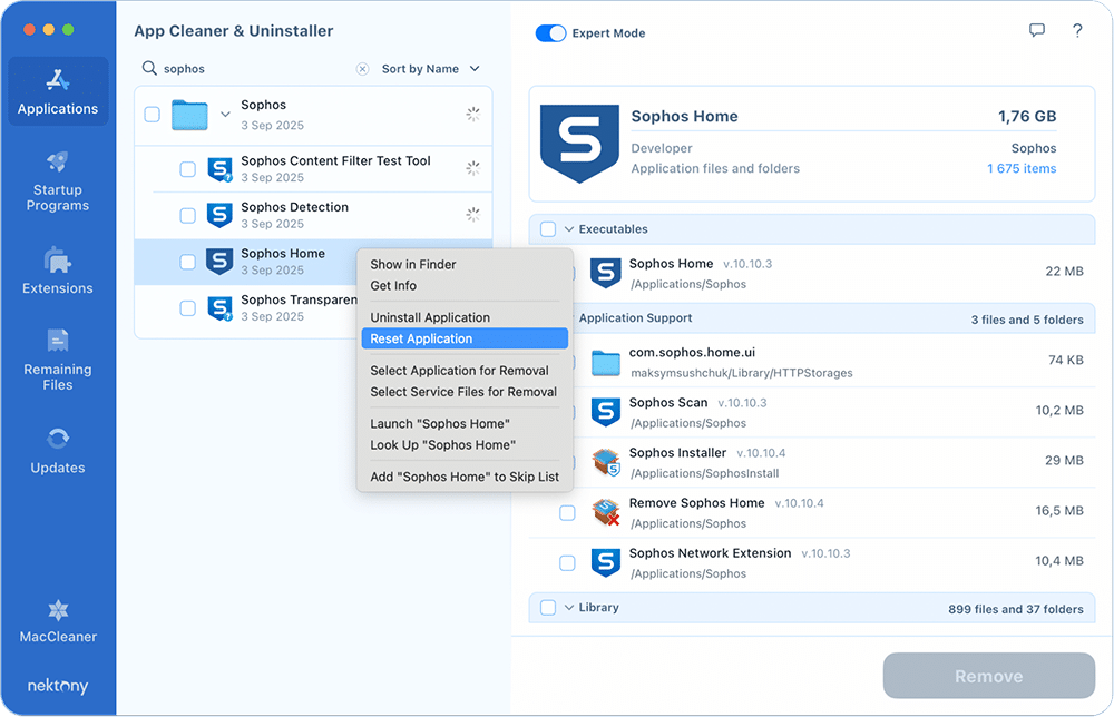 The right-click menu for Sophos Home in App Cleaner & Uninstaller