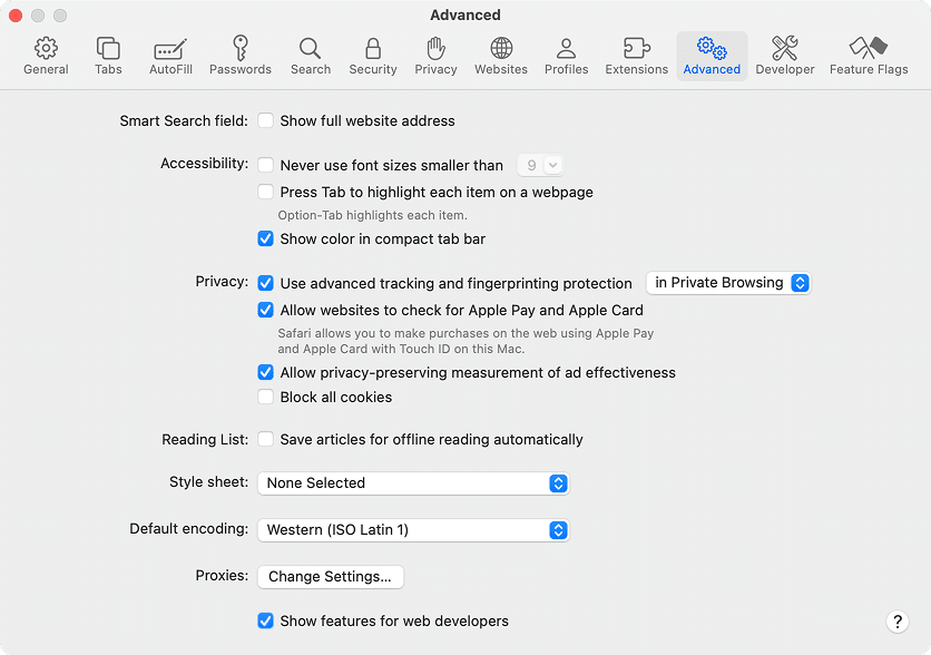 Advanced tab in Safari settings