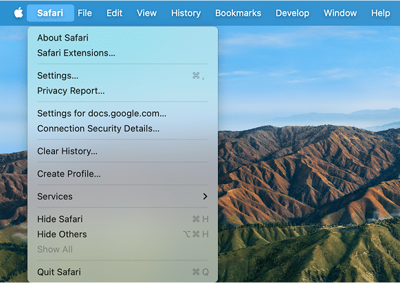 Safari menu bar drop down