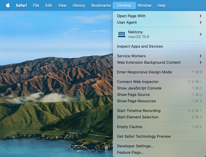 Develop dropdown in Safari top menu