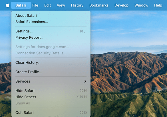 Safari menu dropdown