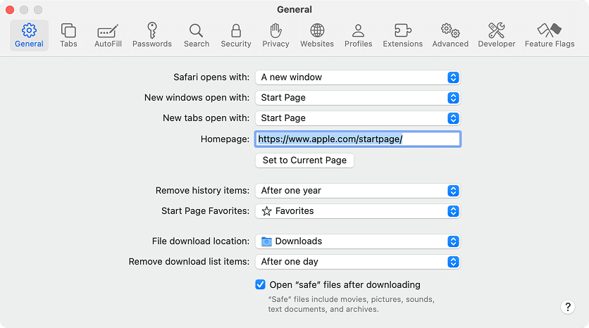 General tab in Safari Settings
