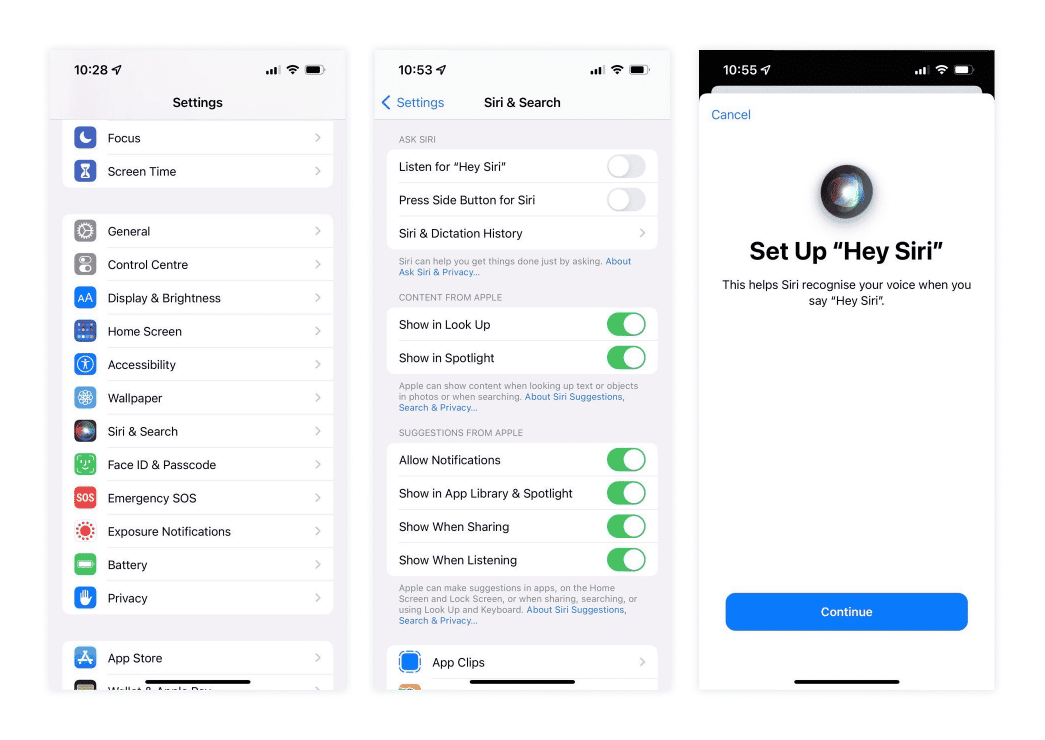 iPhone screens showing how to set up Siri