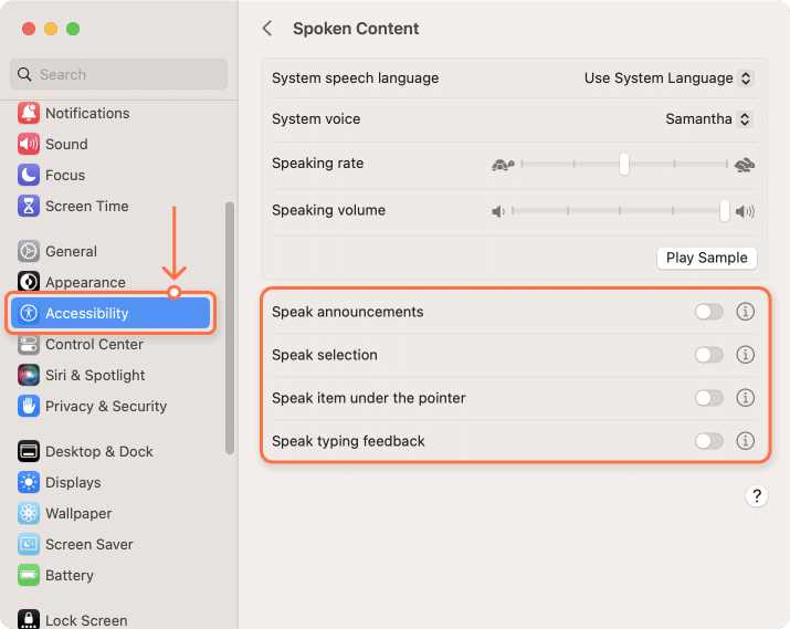 System Preferences showing Spoken Content settings