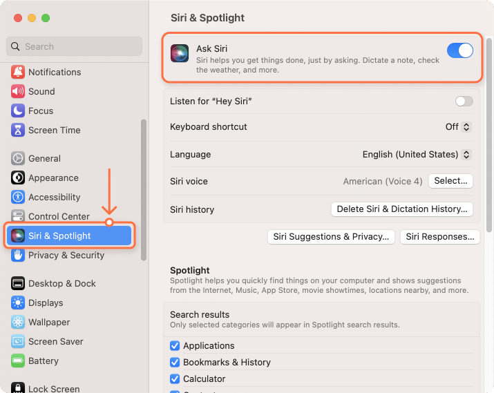 System settings window showing how to enable Siri
