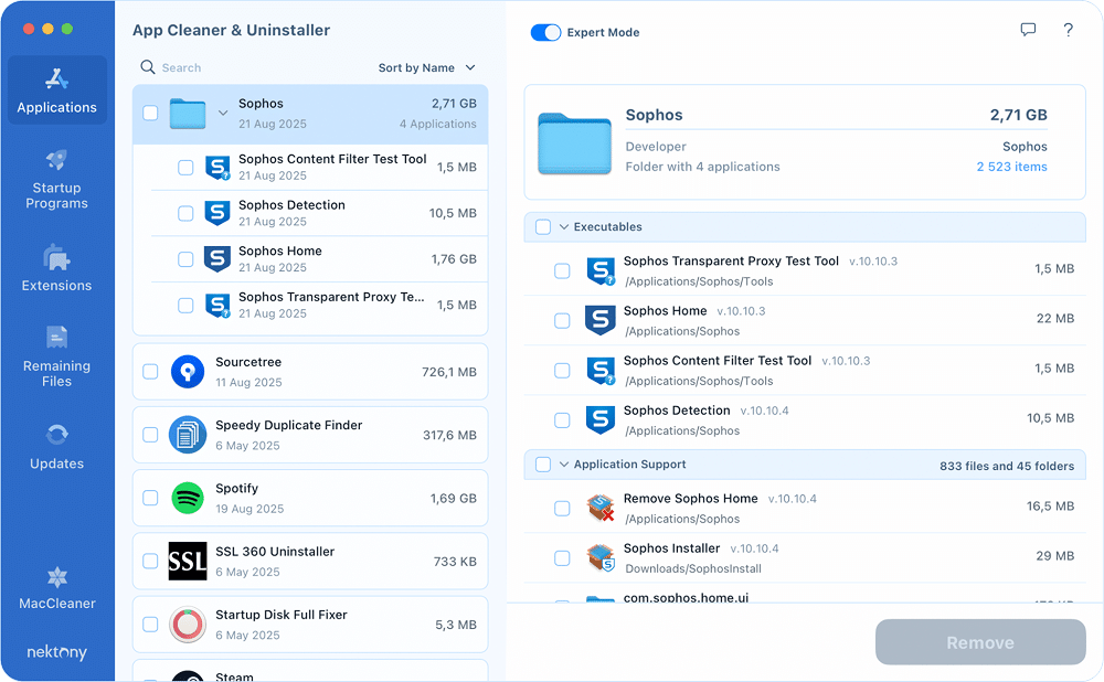 Sophos apps found in App Cleaner & Uninstaller, Expert Mode on