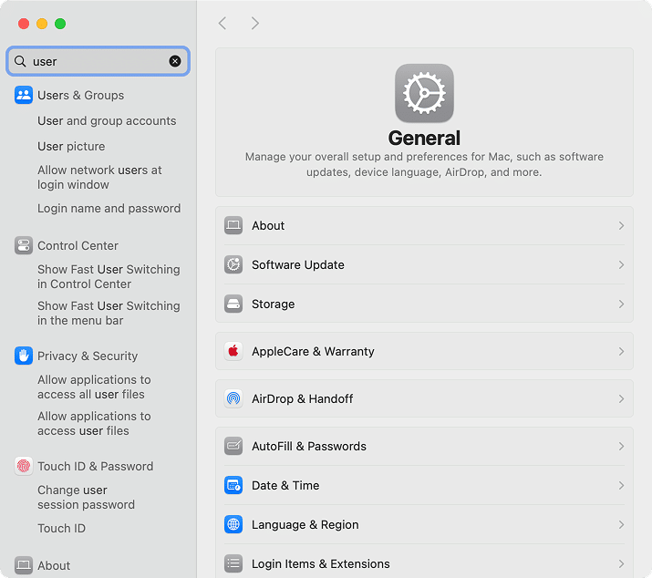 Search panel of System Settings