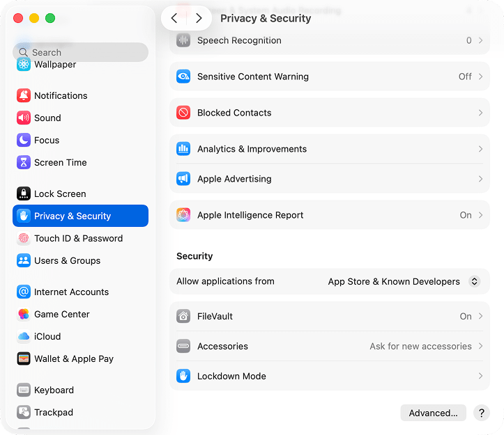 the updated Privacy and Security tab in macOS Tahoe