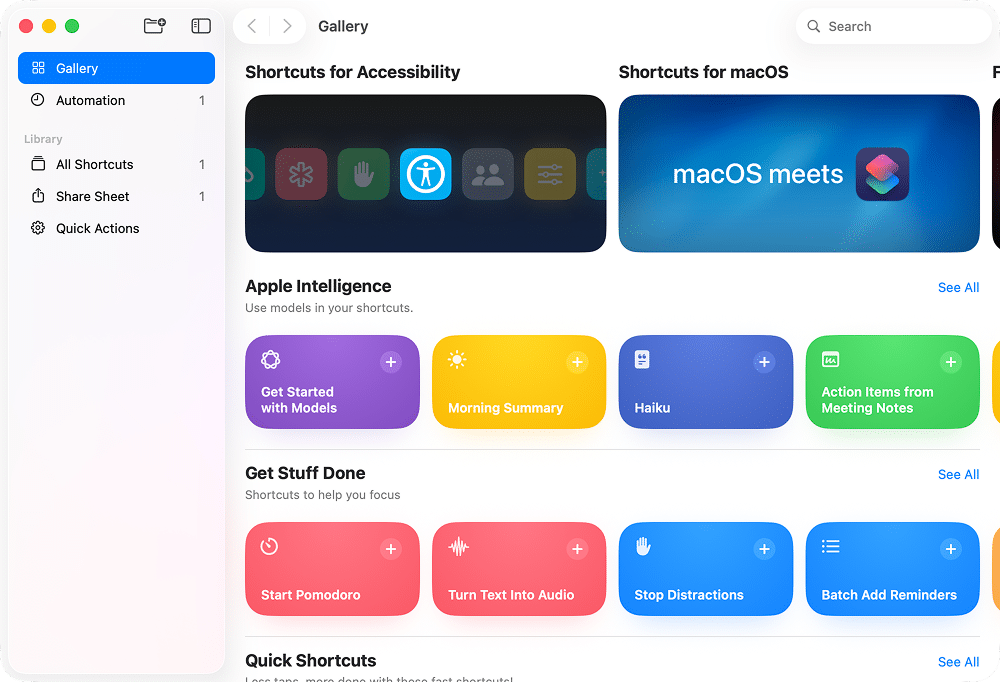 the Shortcuts functionality in macOS Tahoe