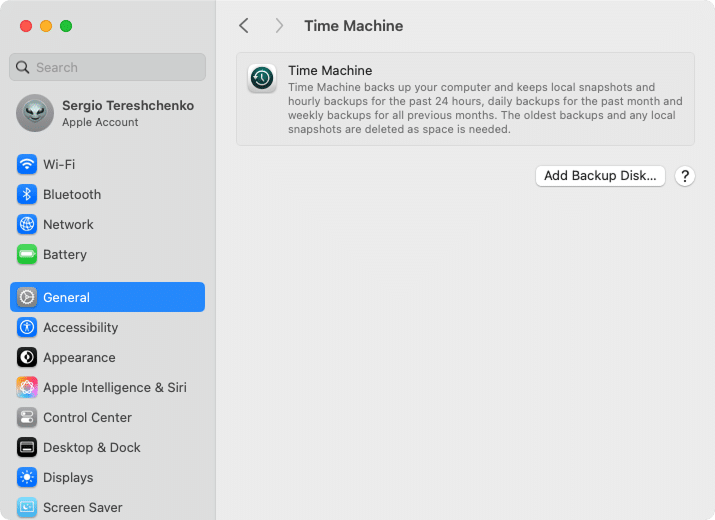 Time Machine tab in System Settings