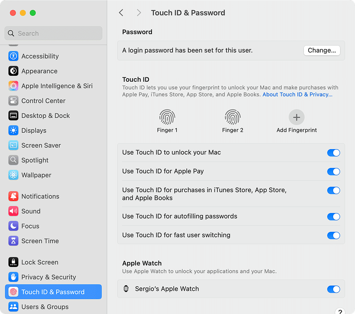 Touch ID & Password tab in System Settings