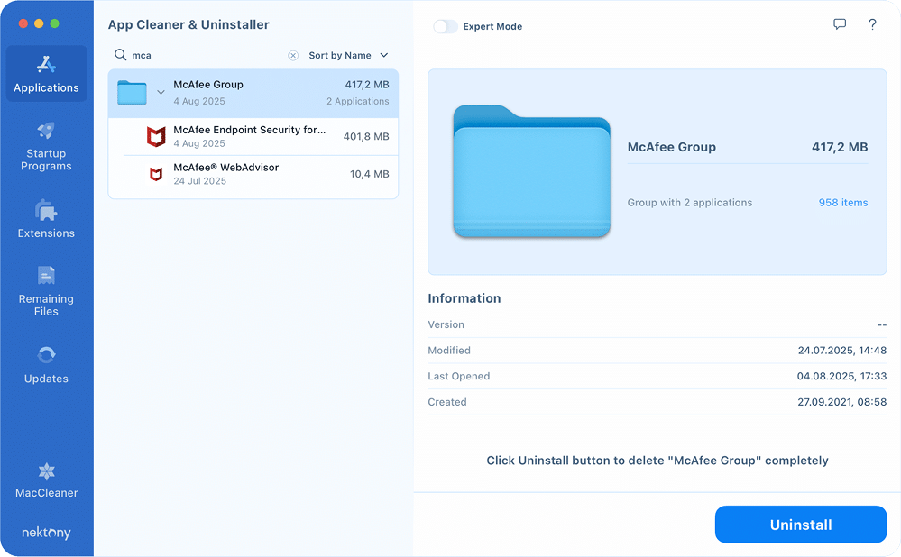McAfee apps found by App Cleaner & Uninstaller, Default Mode
