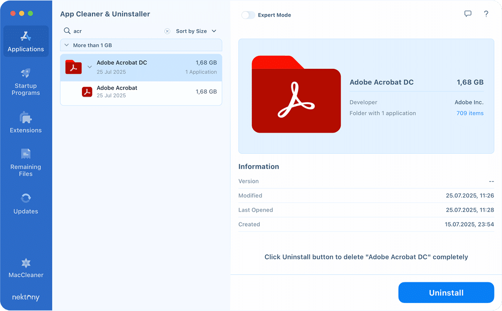 the Acrobat app found in App Cleaner & Uninstaller