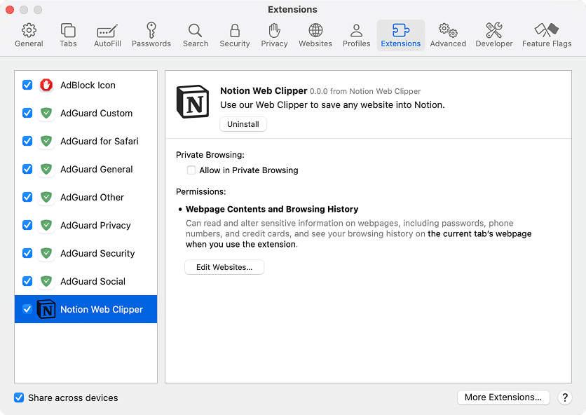 Extensions tab in Safari Settings