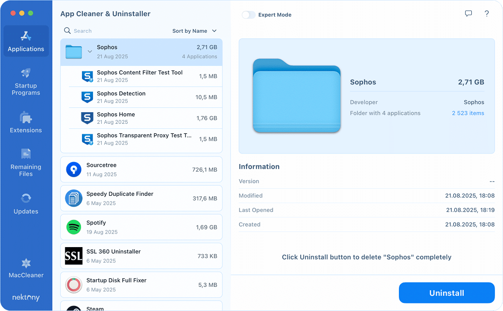 Sophos apps found in App Cleaner & Uninstaller, Expert Mode off