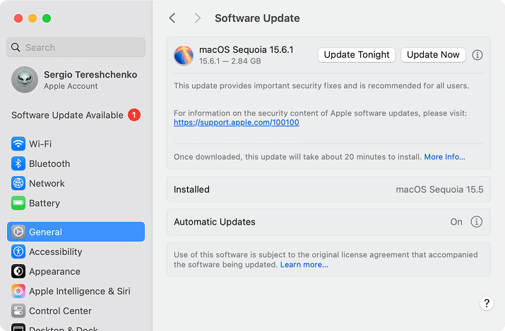Software Update window in System Settings
