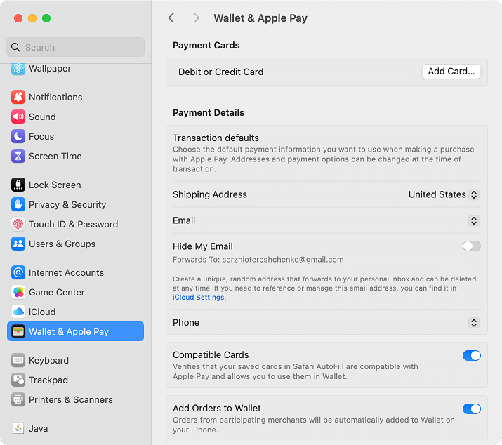 Wallet & Apple Pay tab in System Settings
