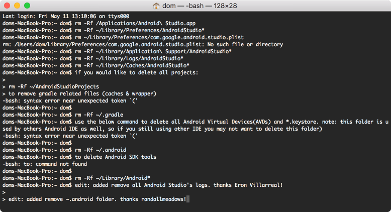 Terminal window with commands to remove Android studio support files