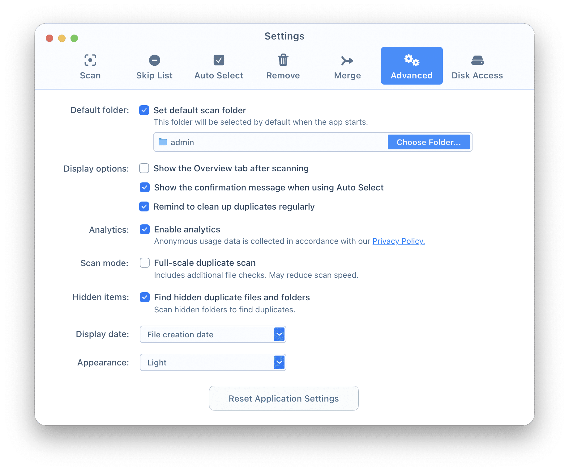 Advanced preferences of Duplicate File Finder