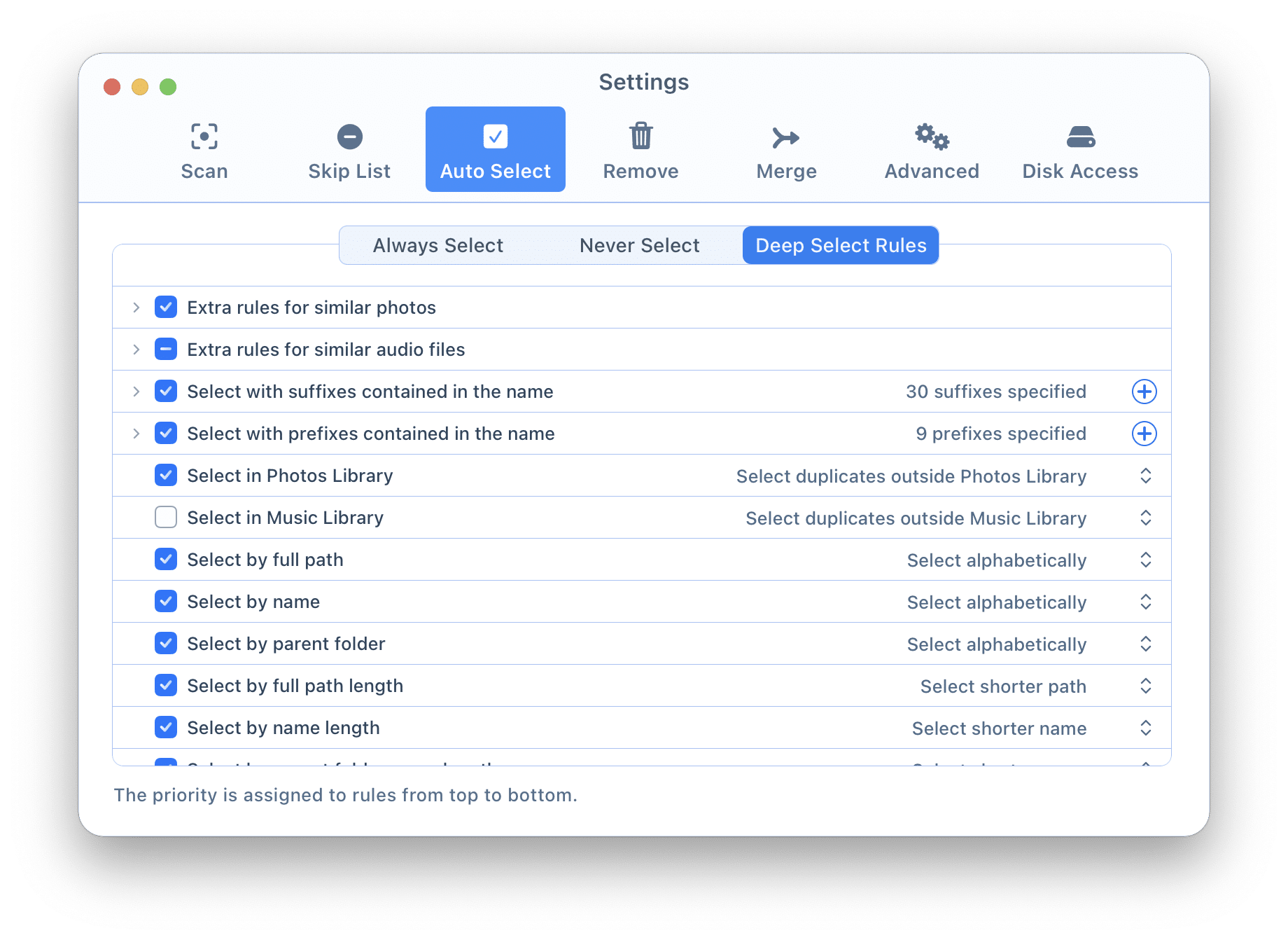 Duplicate File Finder preferences window showing the Deep Select option