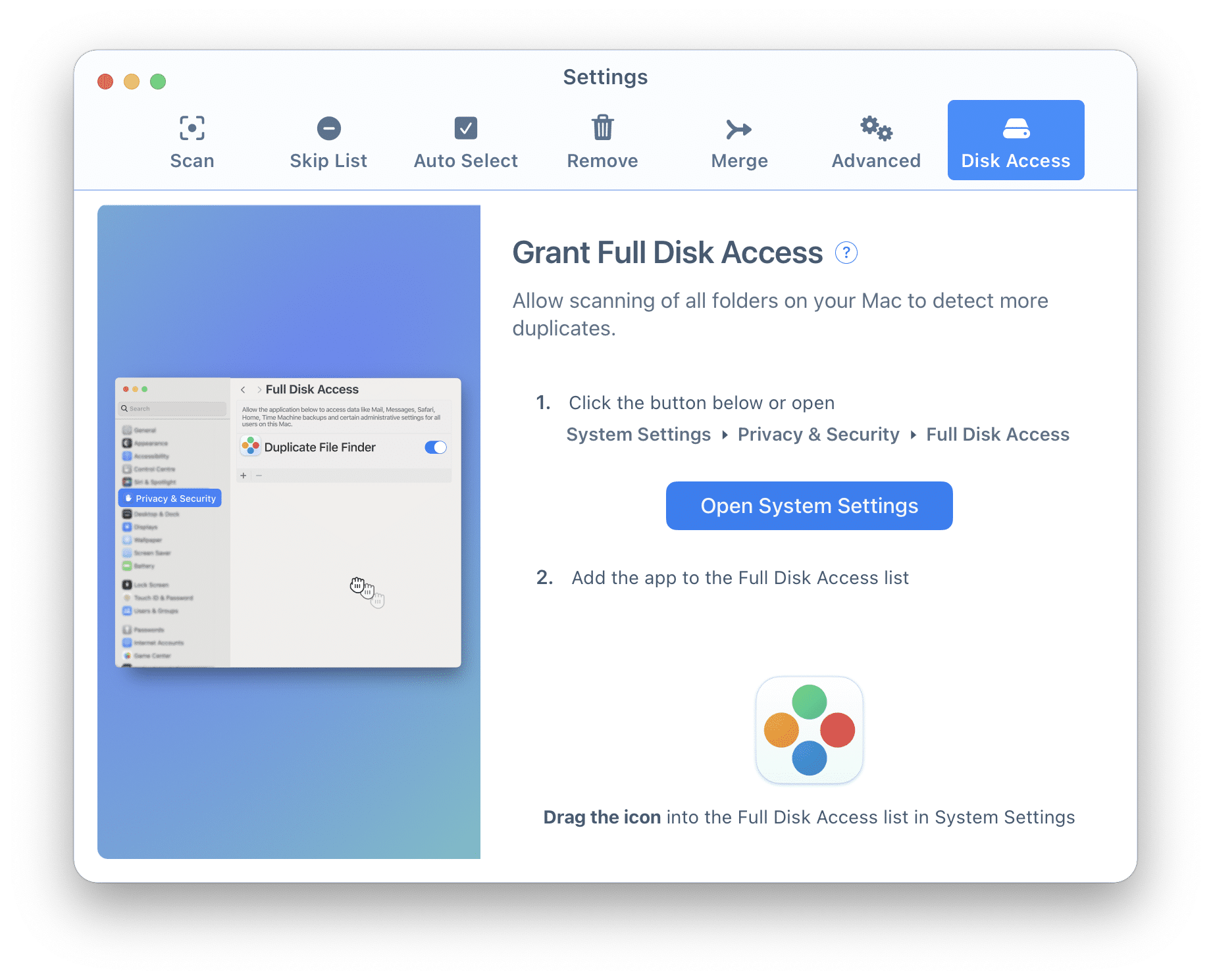 Disk Access tab of Duplicate File Finder preferences