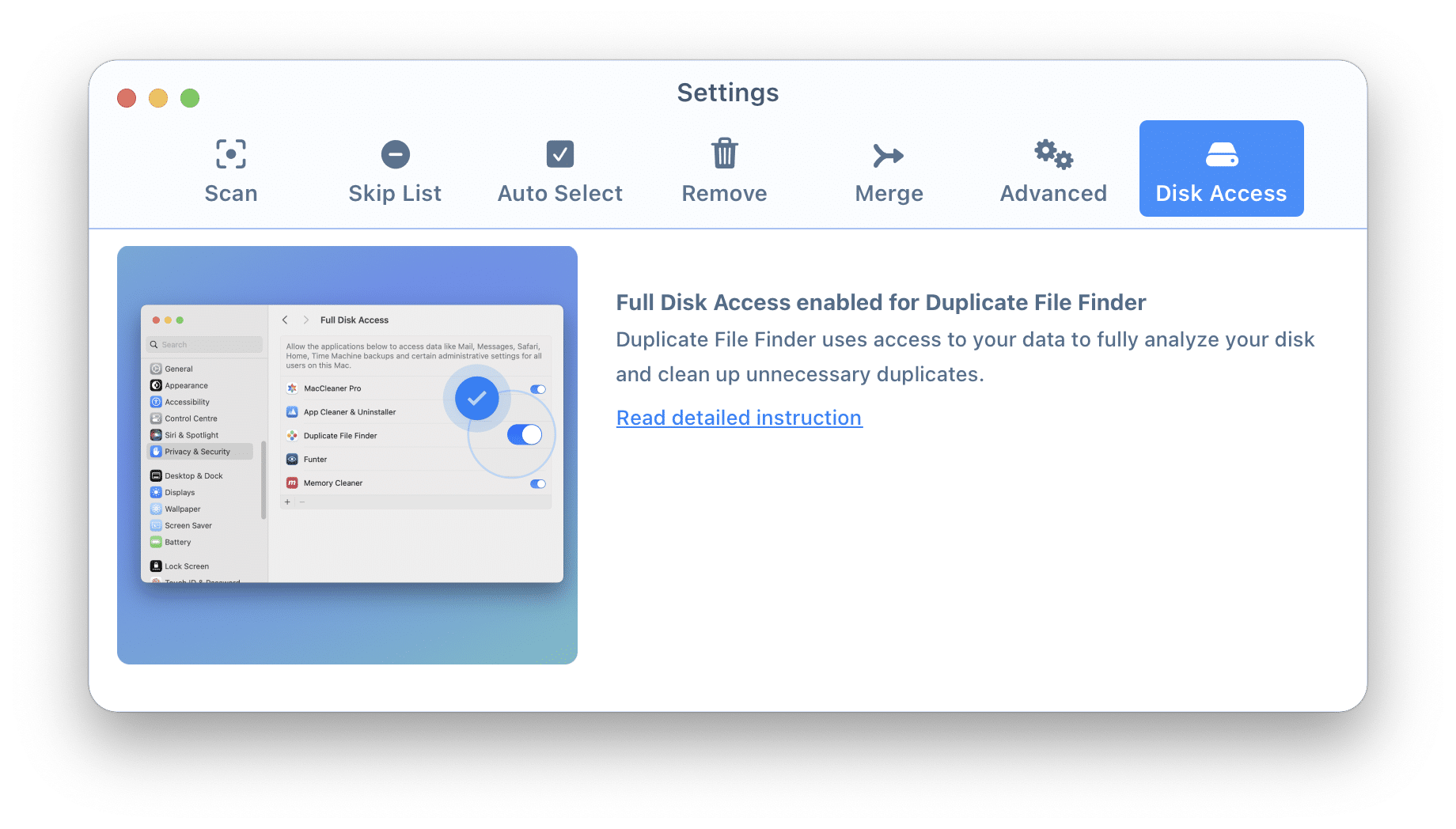 Disk Access tab of Duplicate File Finder settings