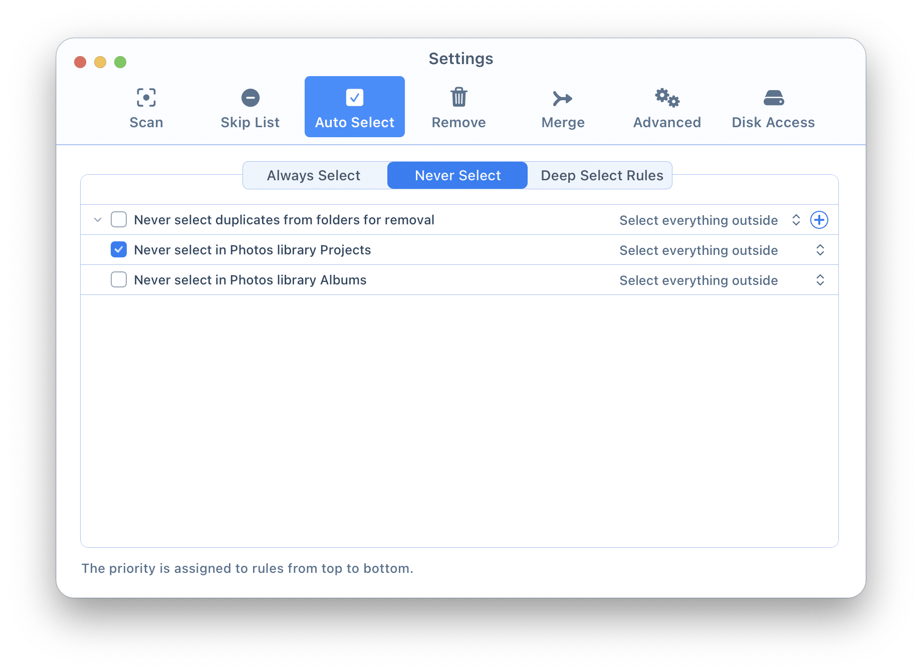 Duplicate File Finder preferences window showing the Never Select option