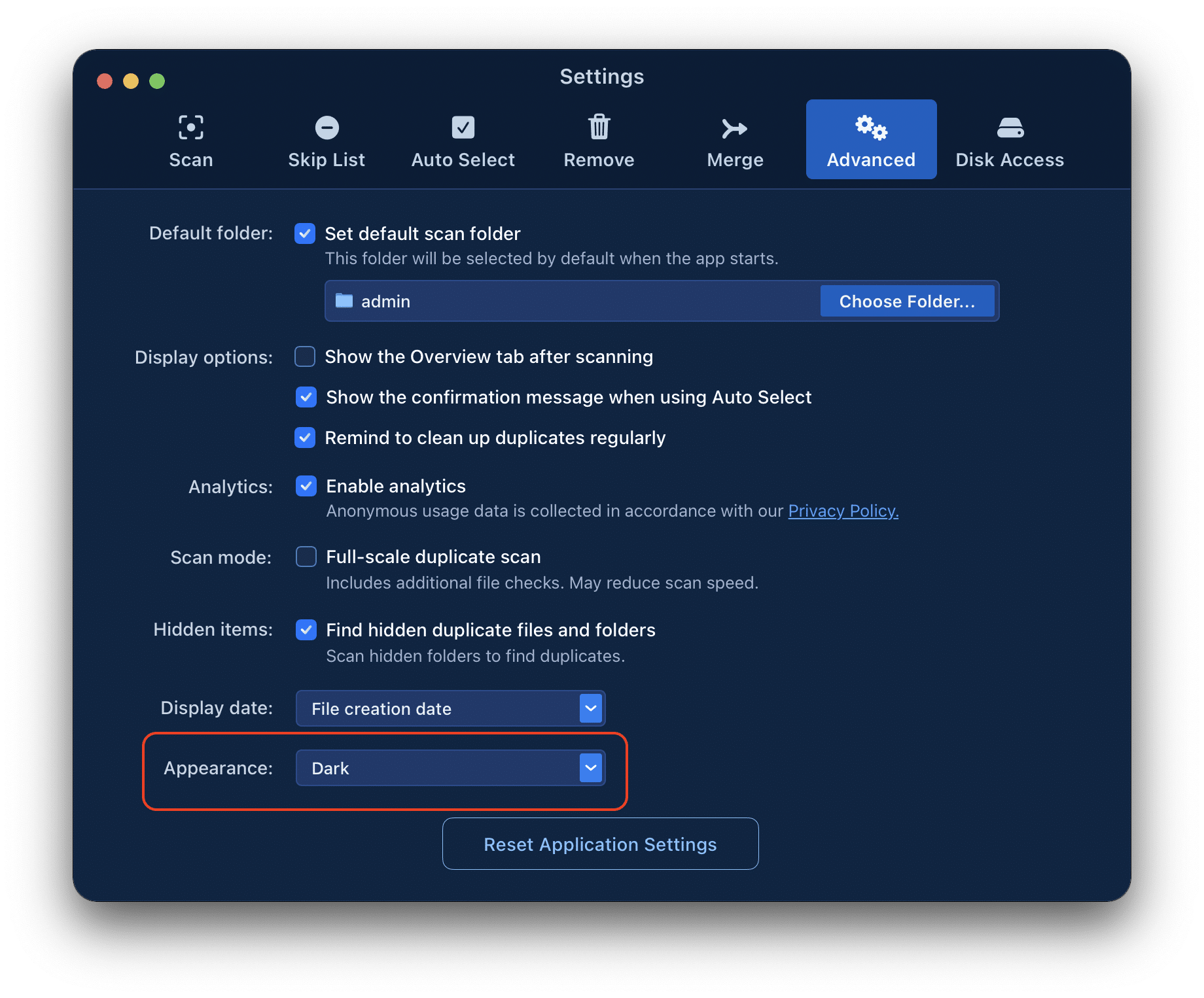 Duplicate Finder setting appearance