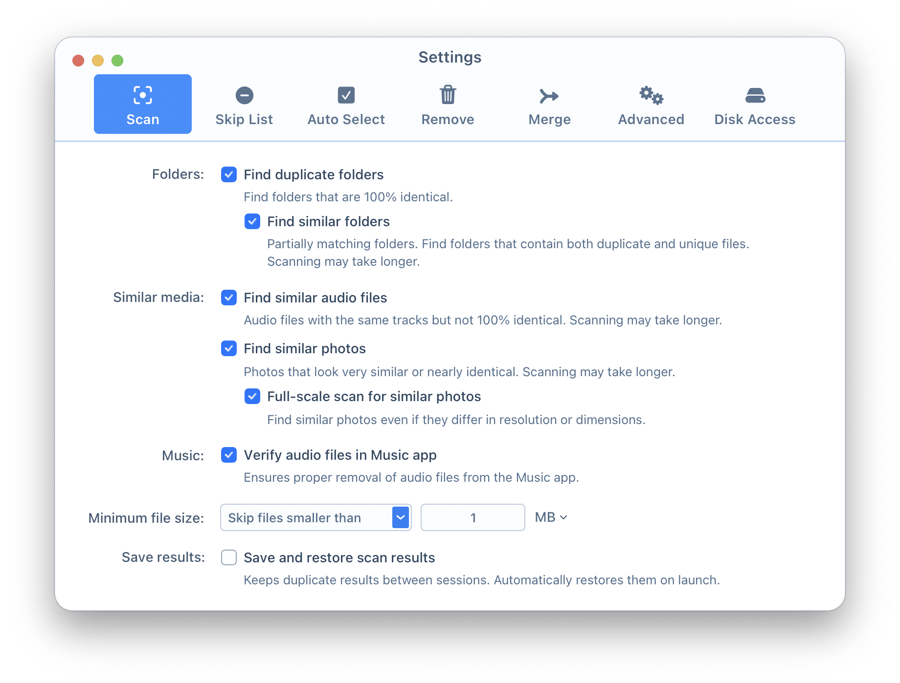 Duplicate File Finder preferences showing the Scan tab