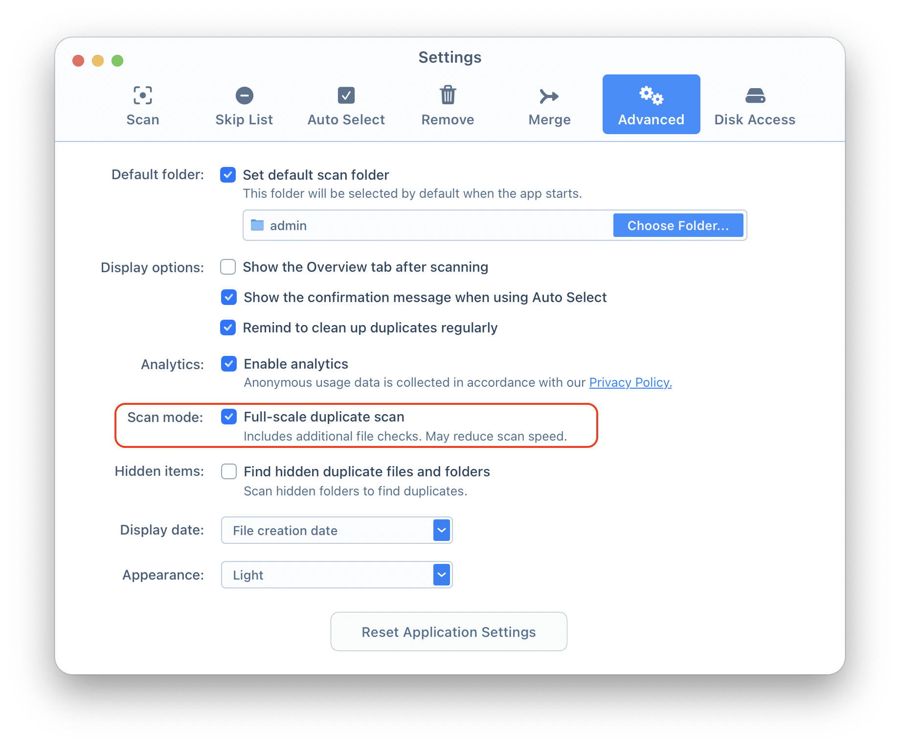 Full scale duplicates scan settings