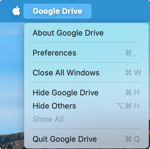 Google Drive menu dropdown