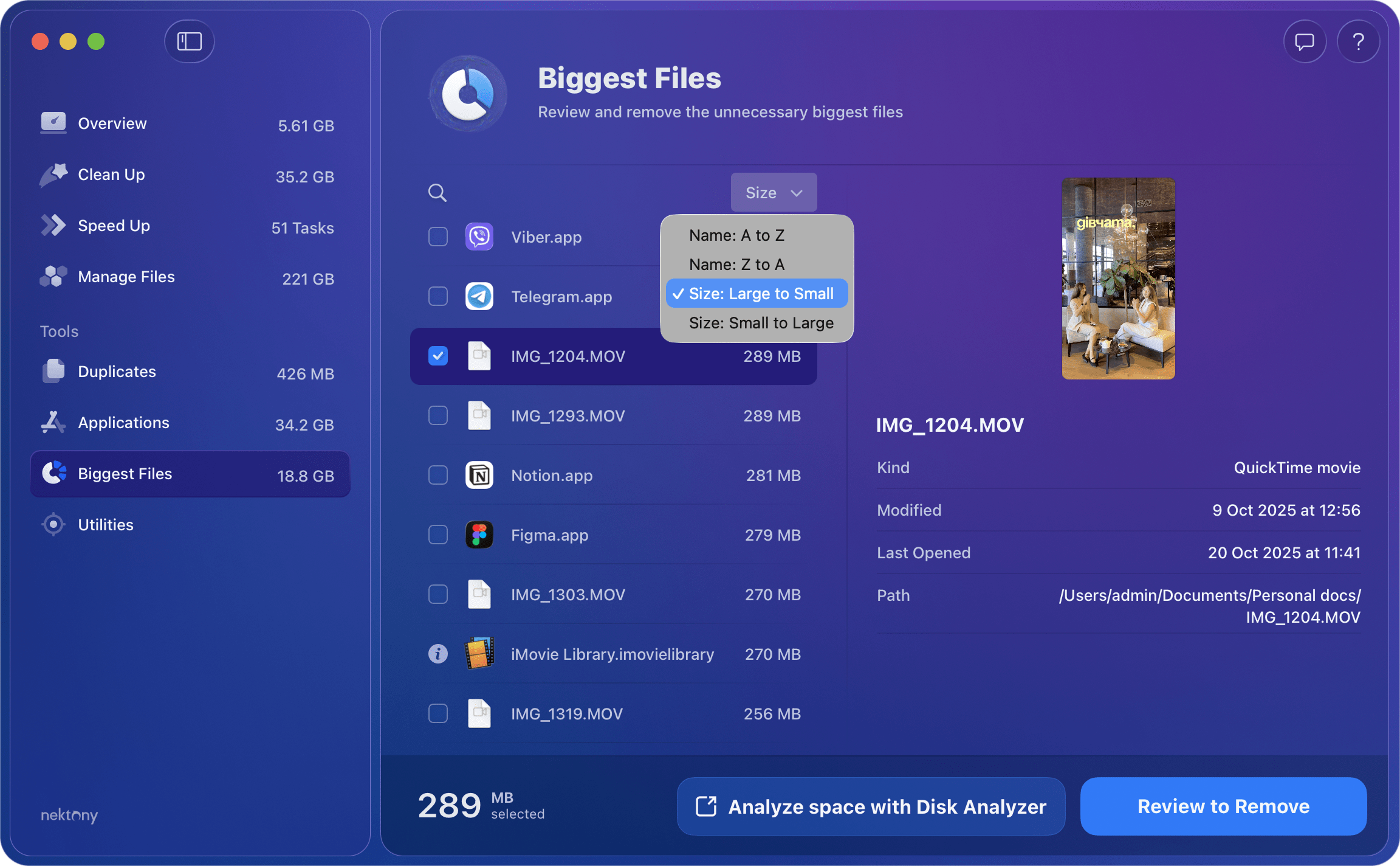 MacCleaner Pro Biggest files