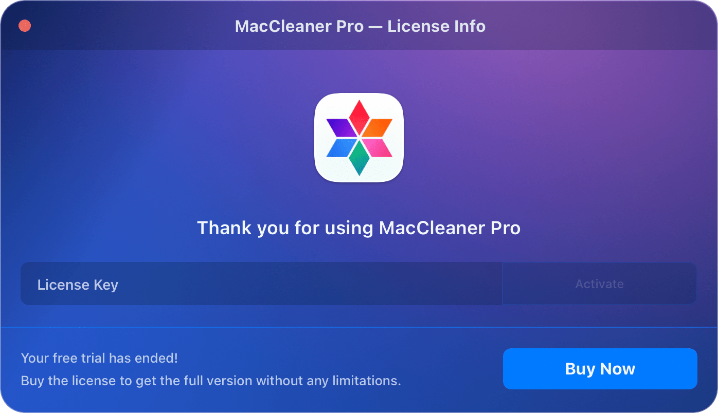 MacCleaner Pro License info window