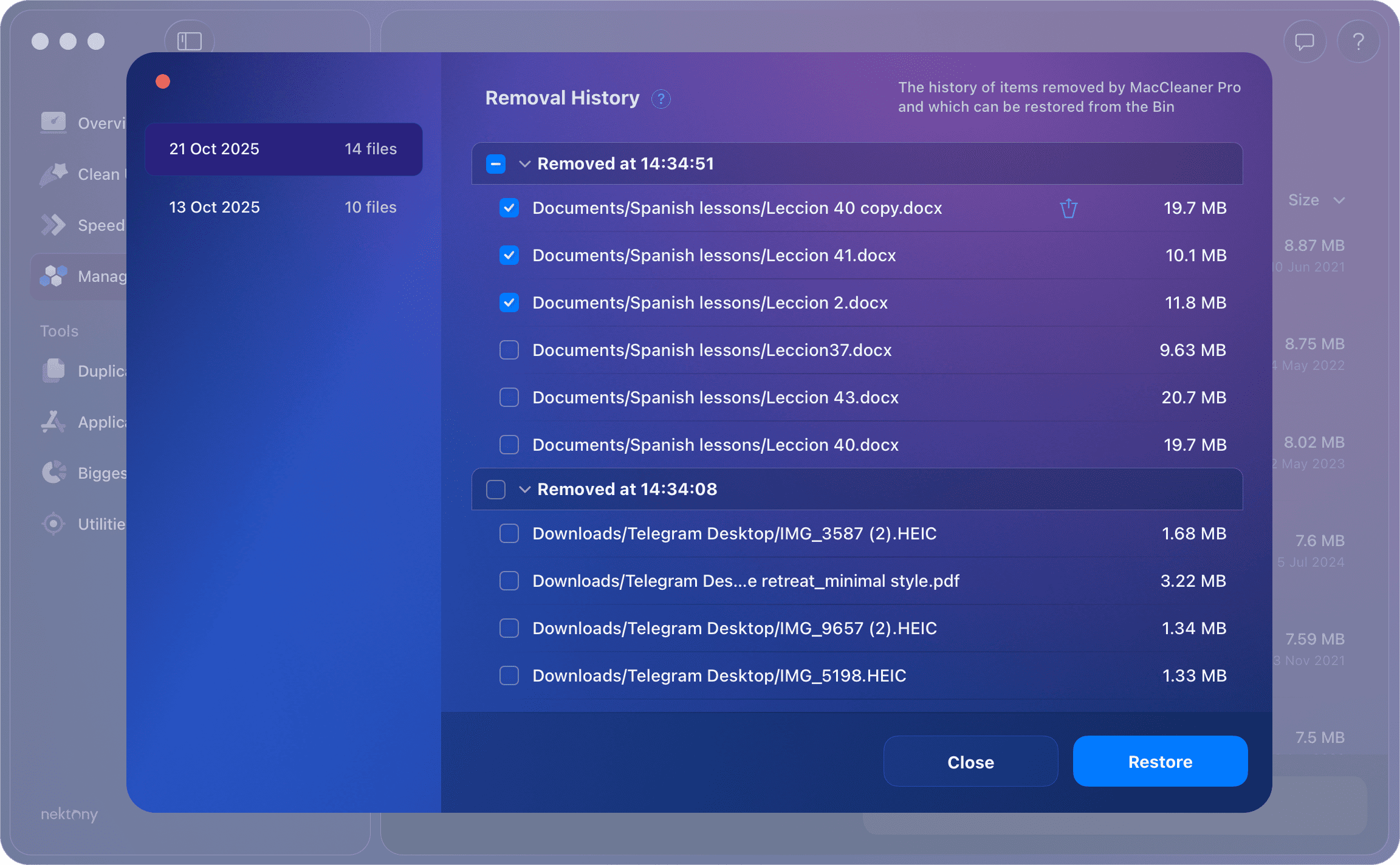 MacCleaner Pro menu showing the Removal History option