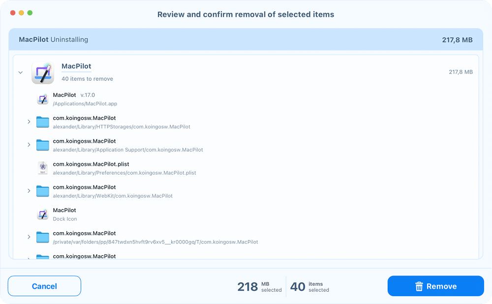 the Review and confirm removal of selected items window in App Cleaner & Uninstaller
