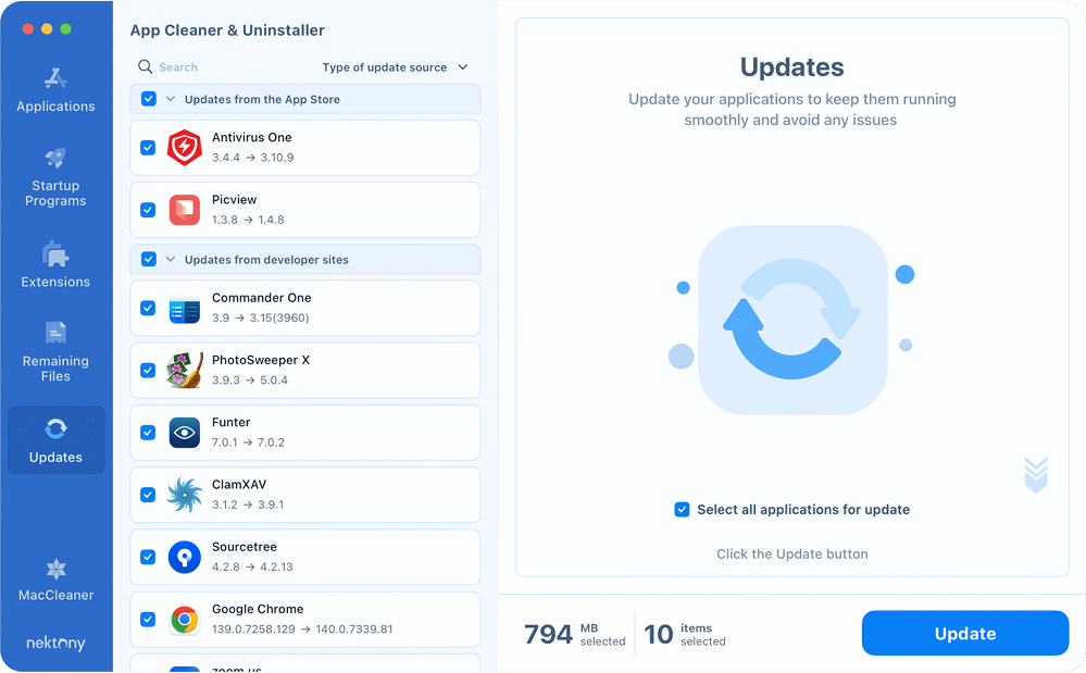 App Cleaner & Uninstaller updates tab window