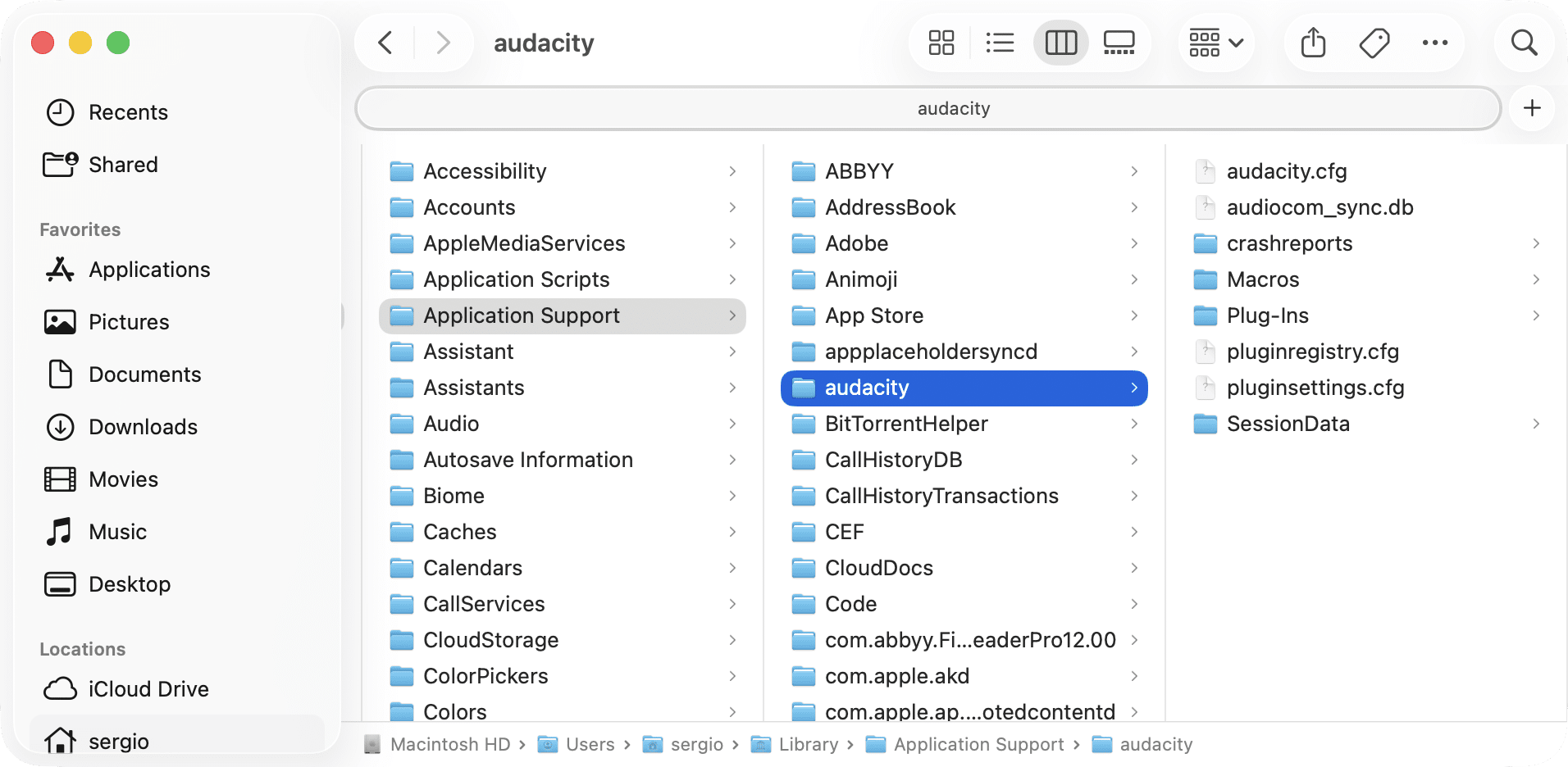 Audacity folder in Application Support in Finder