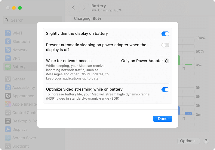 Battery Options in System Settings