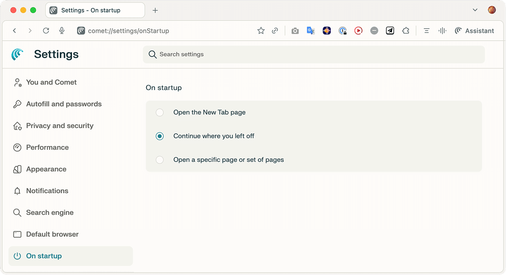 On startup settings in Chrome