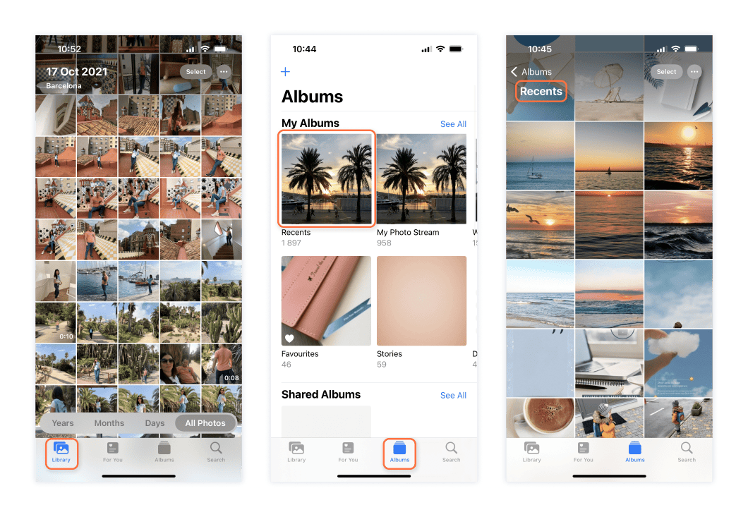 iPhone screens showing where to find camera roll