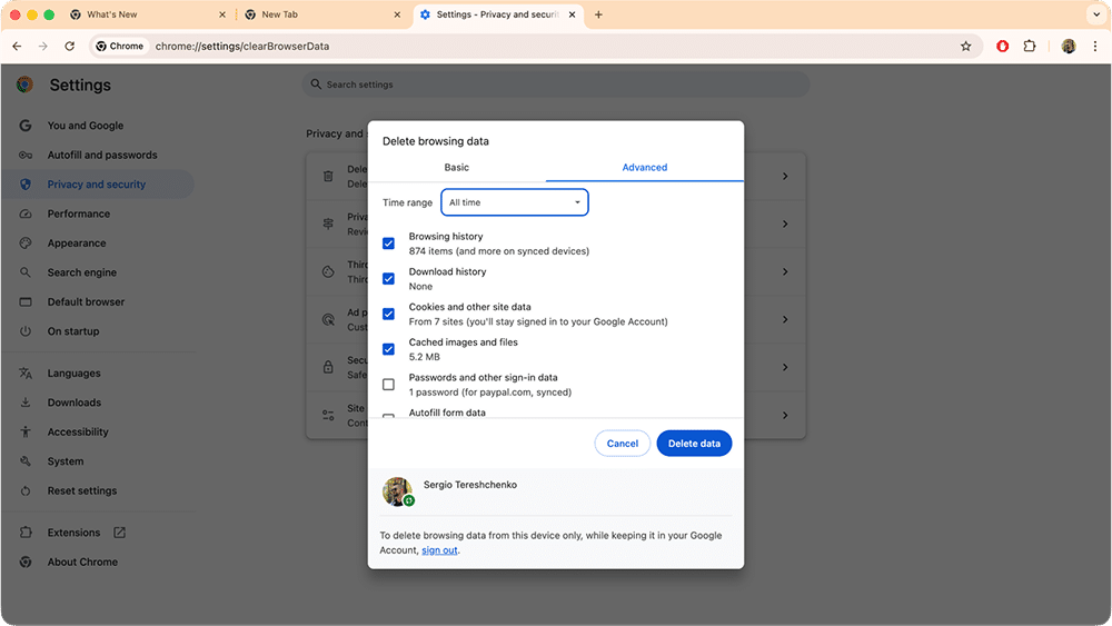 Advanced tab in Chrome settings