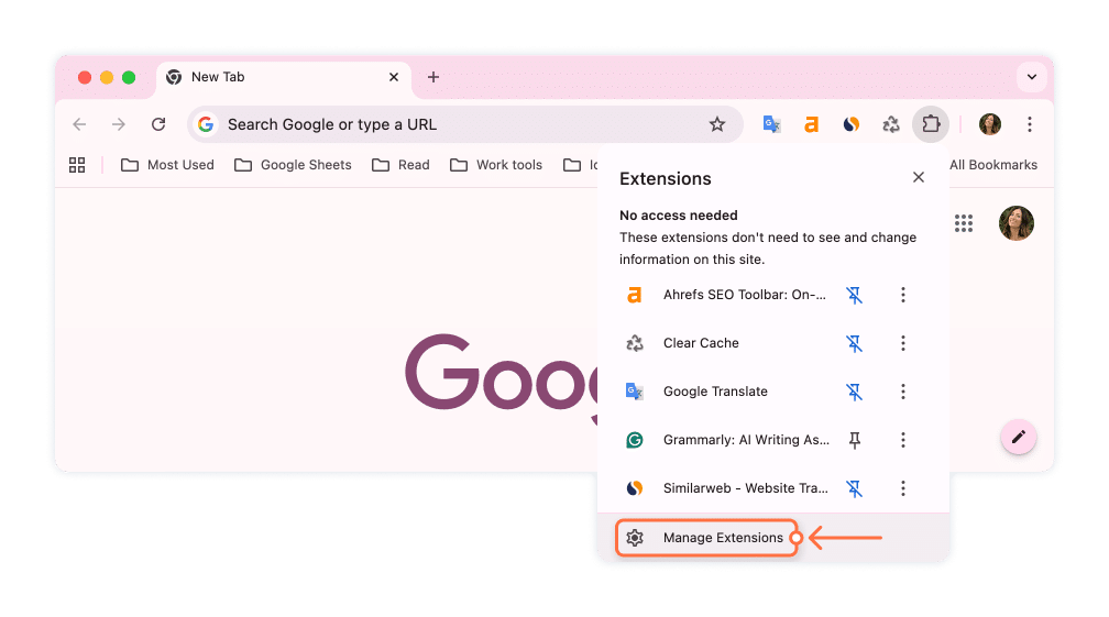 Chrome Extensions menu