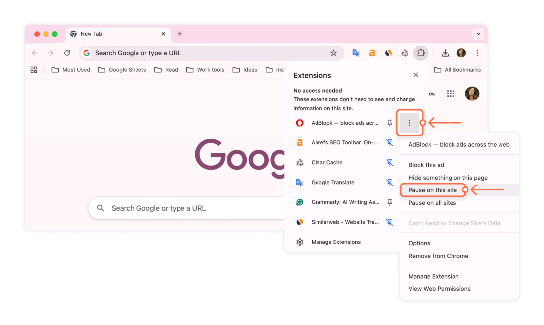 Chrome AdBlock settings menu