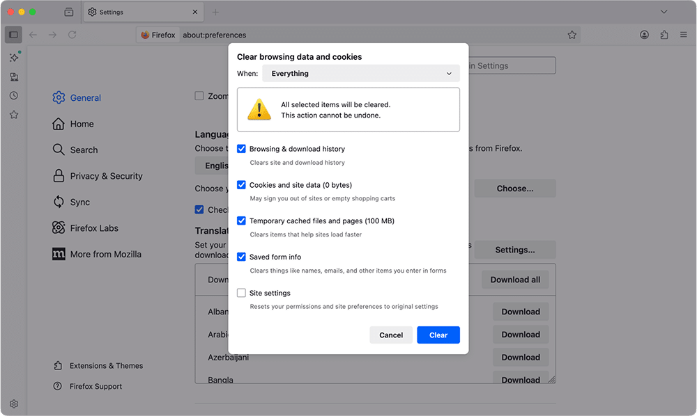 Clear browsing data and cookies window in Firefox