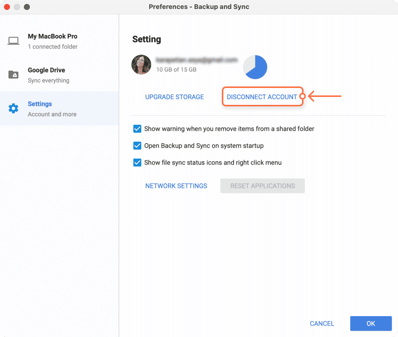 Setting window in Backup and Sync