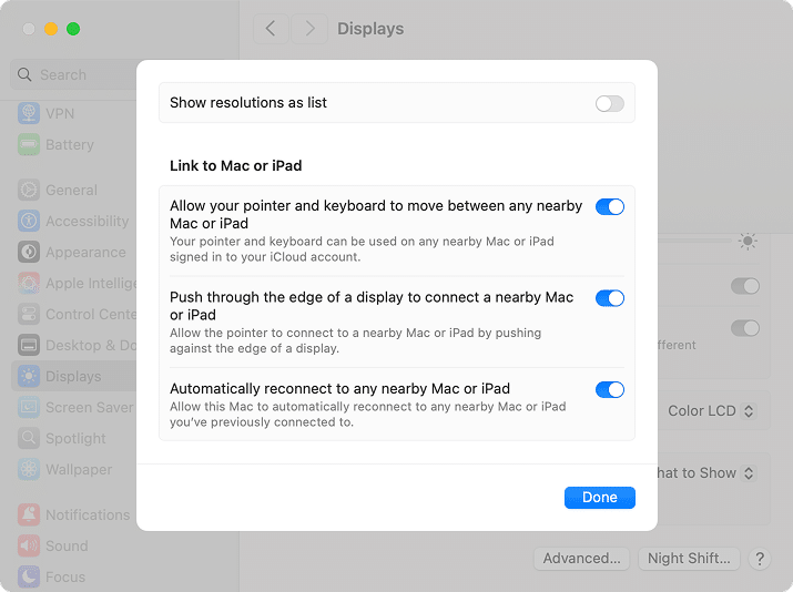 the Advanced options of Display settings