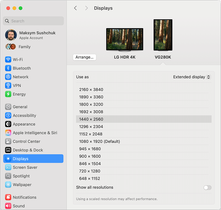 the resolutions list in Display settings